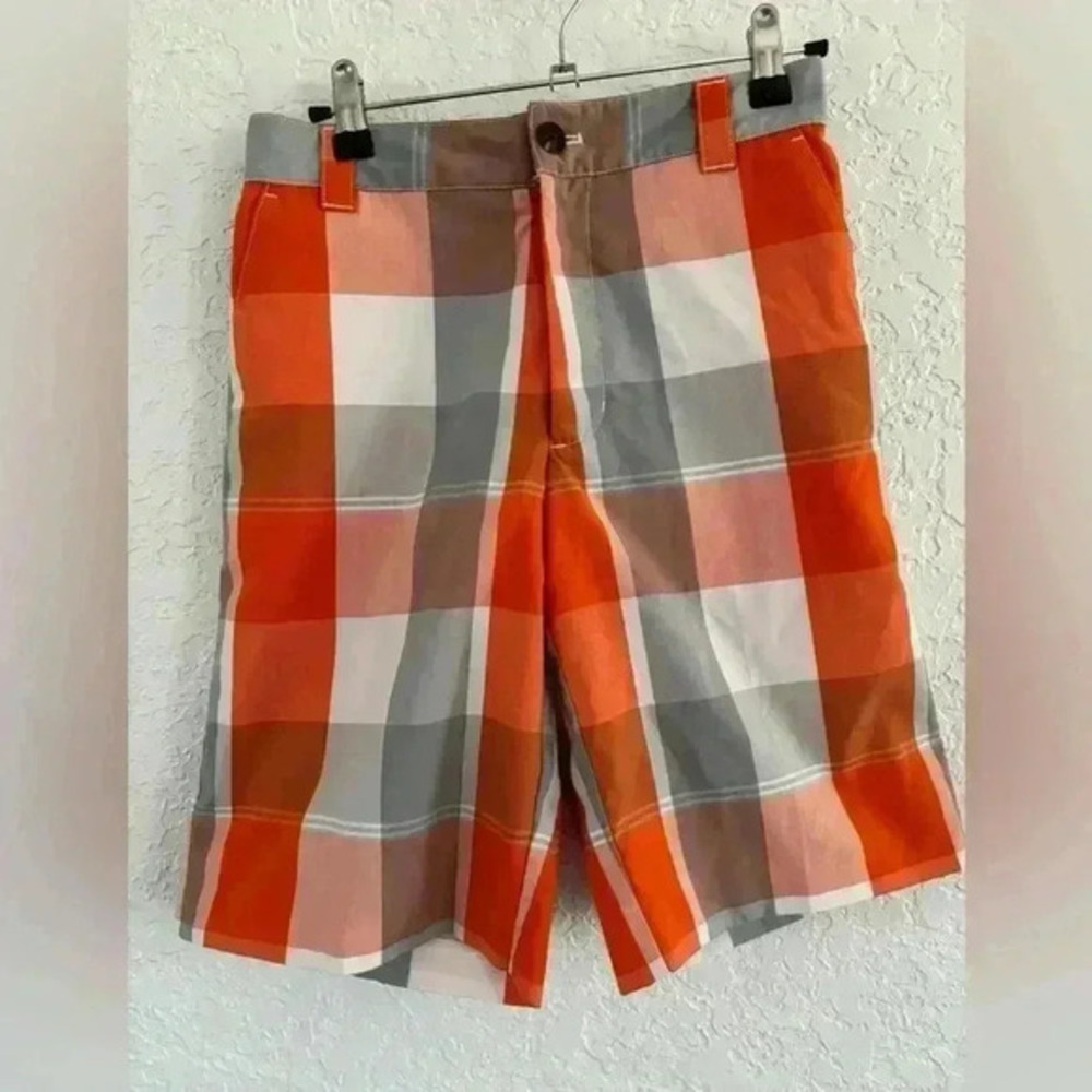 Boys Adidas orange/ white plaid flat front  shorts size medium 26 inch waist